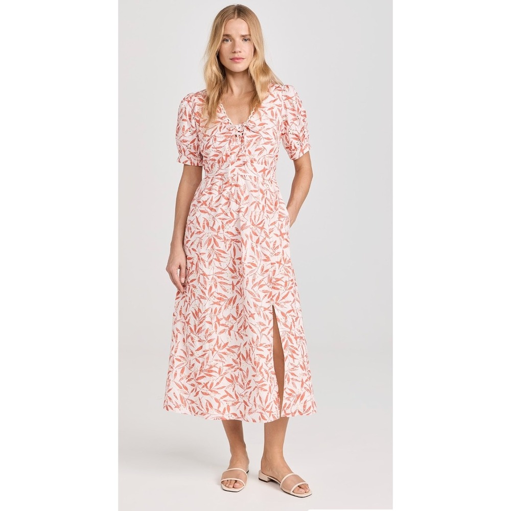Lost + Wander Enamour Midi Dress Cream Red Floral Eyelet Puff Sleeve Medium